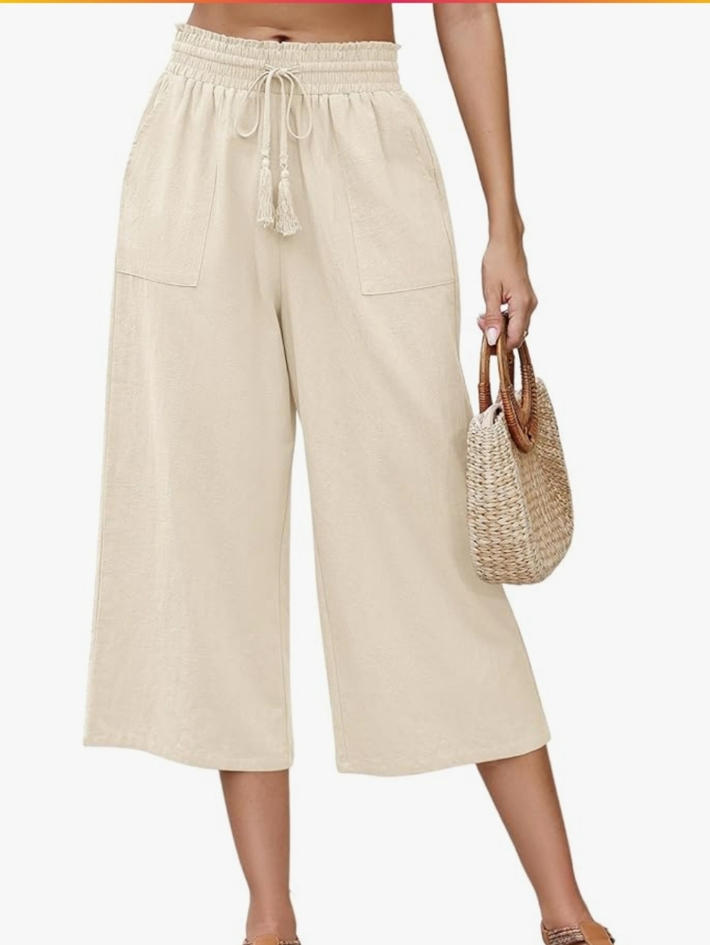 Beige Wide-Leg Cropped Pants - Women's